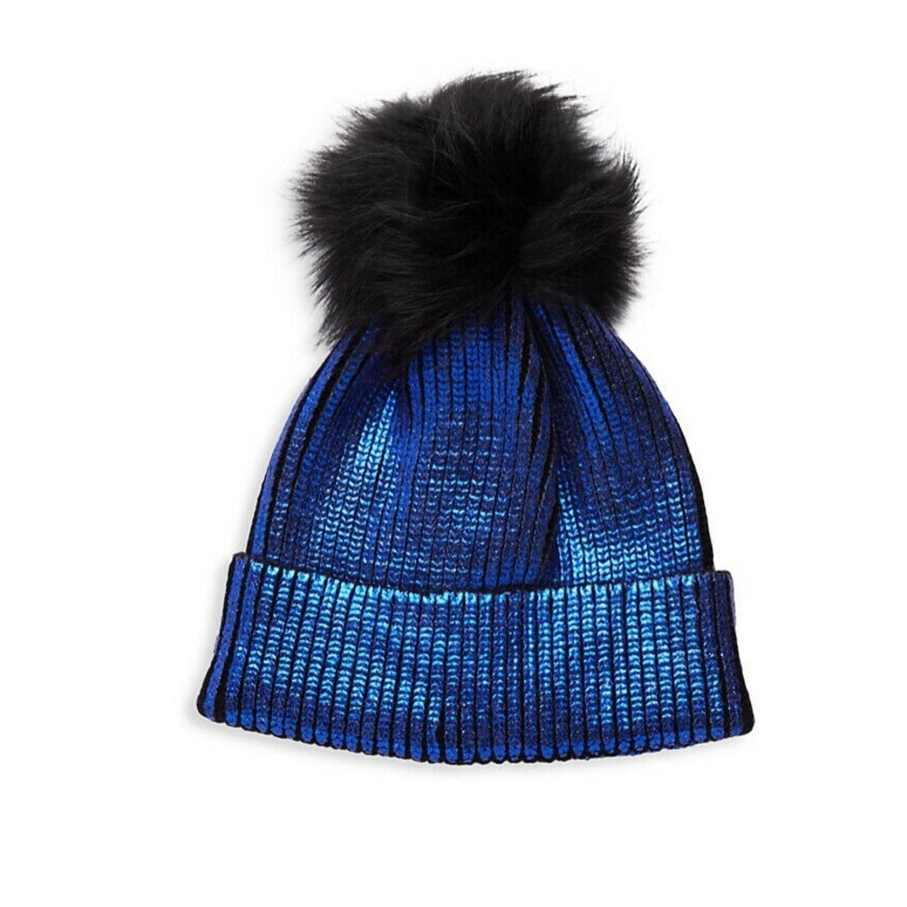 Adrienne Landau Metallic Blue Beanie with Black Pom-Pom
